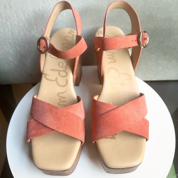 🌸SAM EDELMAN 🌸 Josefina Orange Suede Platform Wooden Sandals Size: 8.5 - Picture 3 of 12
